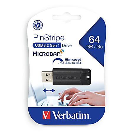 Verbatim PinStripe USB 3.2 Gen 1 Flash Drive, 64GB, Black, 49318