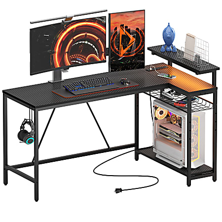 Bestier L-Shaped Gaming Computer Desk With Power Outlet, LED Lights & Headset Hooks, 59"W, Carbon Fiber Black