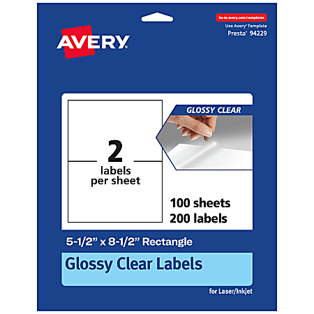 Avery® Glossy Permanent Labels, 94229-CGF100, Rectangle, 5-1/2" x 8-1/2", Clear, Pack Of 200