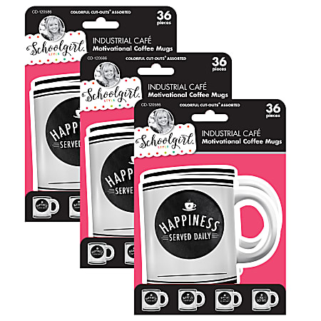 Carson Dellosa Education Cut-Outs, Schoolgirl Style Industrial Cafe Motivational Coffee Mugs, 36 Cut-Outs Per Pack, Set Of 3 Packs