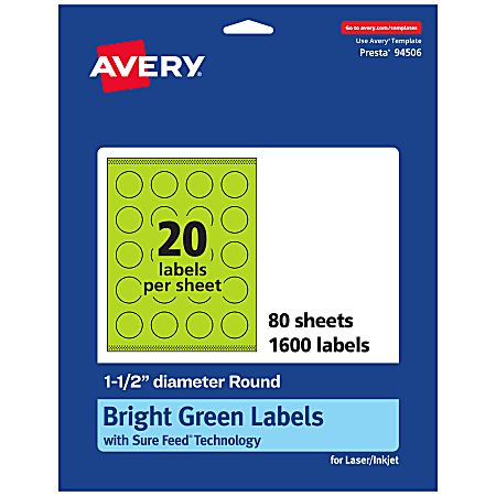 Avery® Print-To-The-Edge Labels With Sure Feed® Technology And Easy Peel® Label Feature, 94506-BGP80, Round, 1-1/2", Matte Bright Green, Pack of 1600