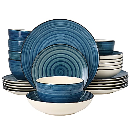 Elama Gia Round Stoneware Dinnerware Set, Dark Blue, Set Of 24 Pieces