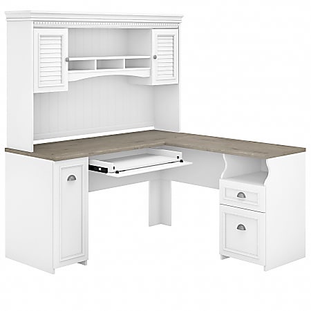 Bush Business Furniture Fairview 60"W L-Shaped Corner Desk With Hutch, Shiplap Gray/Pure White, Standard Delivery