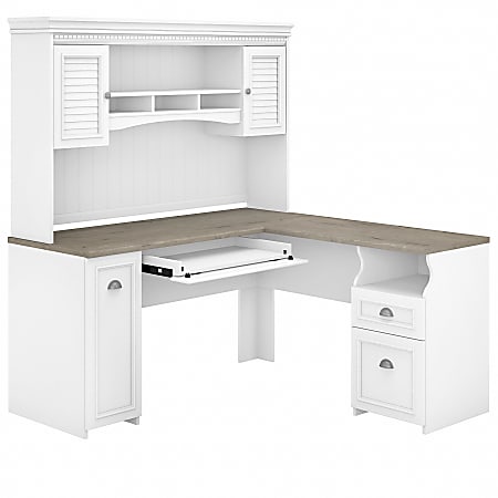 Bush Furniture Fairview 60"W L-Shaped Desk With Hutch, Shiplap Gray/Pure White, Standard Delivery