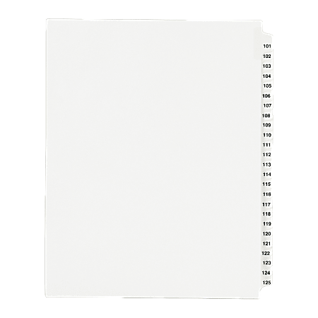 Avery Standard Unpunched Preprinted Reinforced Tab Dividers, 8.5" x11", 20% Post-Consumer Material, White, Tabs Printed 101-125, Pack of 25