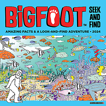 2024 Willow Creek Press Animals Monthly Wall Calendar, 12" x 12", Bigfoot Seek And Find, January To December