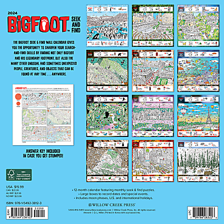 2024 Willow Creek Press Animals Monthly Wall Calendar 12 x 12 Bigfoot Seek  And Find January To December - Office Depot