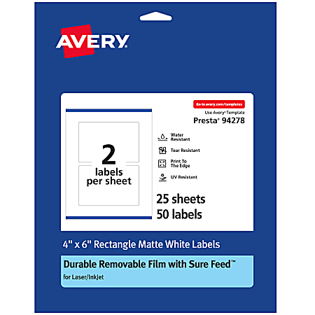 Avery® Durable Removable Labels With Sure Feed®, 94278-DRF25,