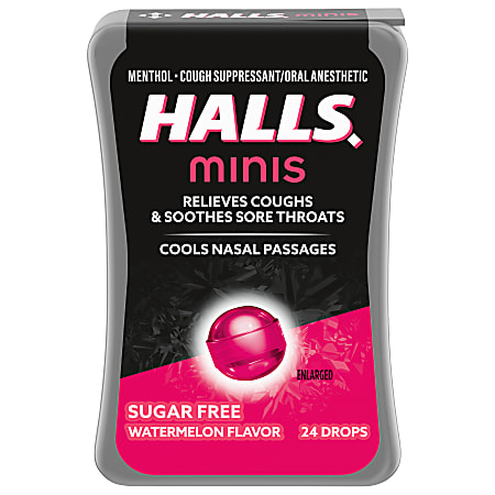 HALLS Mini Sugar Free Watermelon Throat Drops, Refreshing Flavor, Sugar Free, 24 Drops, 1 Pack