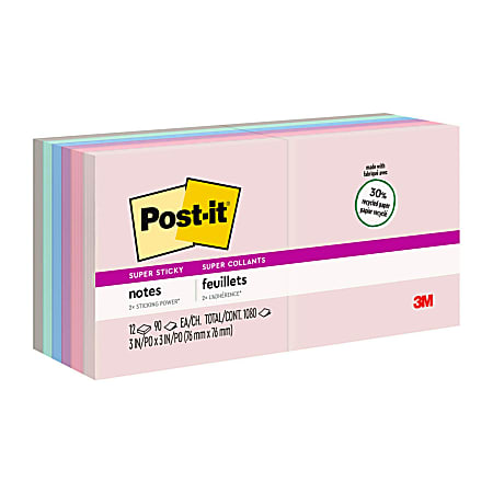 Post-it® Recycled Super Sticky Notes, 3 in x 3 in, 12 Pads, 90 Sheets/Pad, 2x the Sticking Power, Wanderlust Pastels Collection, 30% Recycled