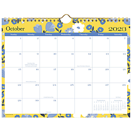 2023-2024 Mead® Caprice 15-Month Monthly Wall Calendar, 11" x 8-1/2", Yellow Floral, October 2023 To December 2024 , W1319D-709