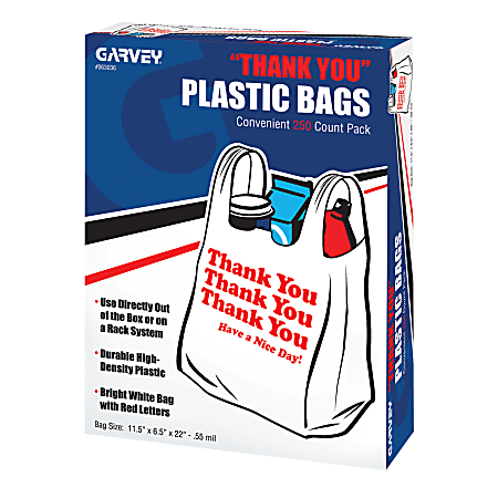 COSCO Plastic Shopping Bags, 22"H x 11"W x 6-1/2"D, White/Red, Pack Of 250 Bags