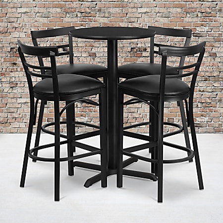 Flash Furniture Round Laminate Table Set With X-Base And Four 2-Slat Ladder-Back Metal Barstools, 42"H x 24"W x 24"D, Black