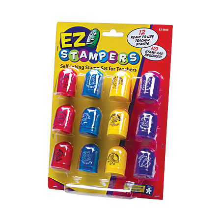 Educational Insights® EZ Stampers Self-Inking Teacher Stamps, 1" x 1", Multicolor, 12 Stamps Per Set, Pack Of 2 Sets
