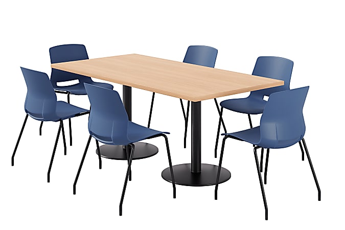 KFI Studios Proof Rectangle Pedestal Table With Imme Chairs, 31-3/4”H x 72”W x 36”D, Maple Top/Black Base/Navy Chairs