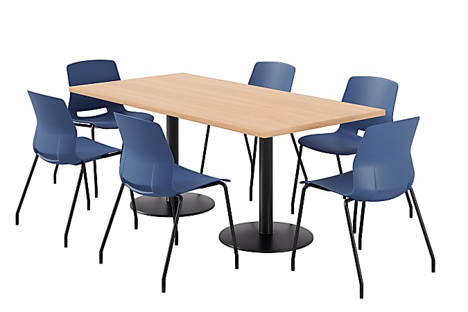 KFI Studios Proof Rectangle Pedestal Table With Imme Chairs, 31-3/4&rdquo;H x 72&rdquo;W x 36&rdquo;D, Maple Top/Black Base/Navy Chairs