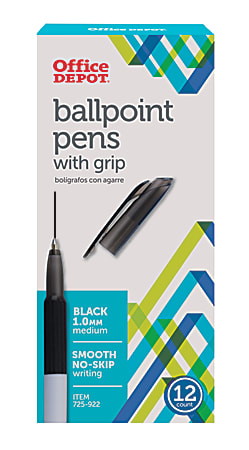 Office Depot® Brand Grip Ballpoint Pens, Medium Point, 1.0 mm, White Barrel, Black Ink, Pack Of 12 Pens