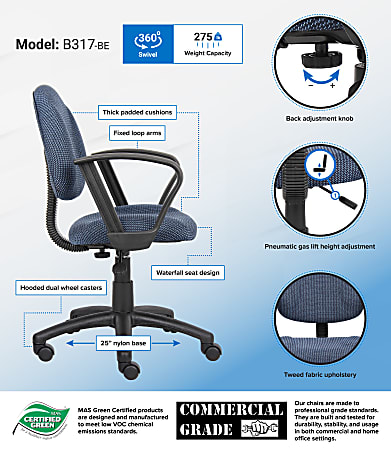 Boss Office Products Fabric Deluxe Posture Task Chair With Loop Arms,  Blue/Black