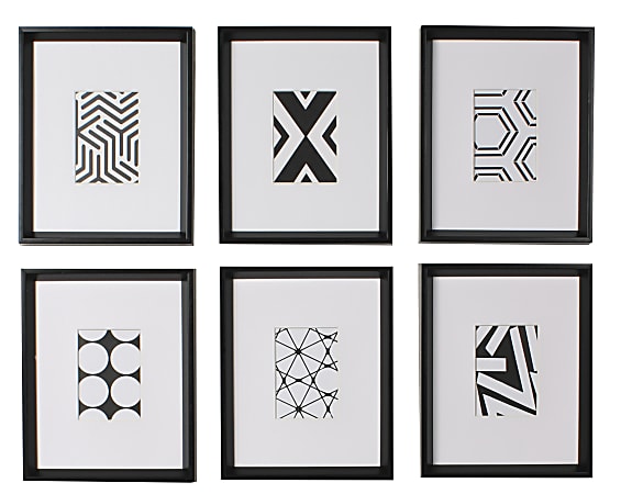 Uniek Kate and Laurel Calter Framed Art Prints, 12-7/16" x 15-7/16", Modern Black And White Geometric Abstract Black, Set Of 6