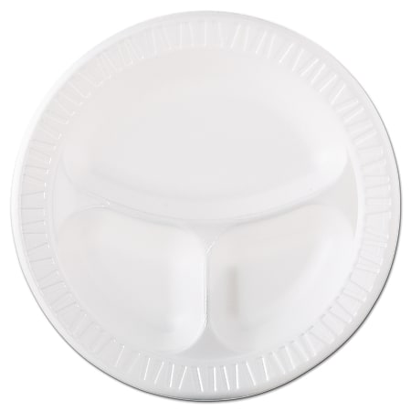 Dart® Quiet Class Laminated Foam Dinnerware, 3-Compartment Plate, 10.25" dia, White, 125/Pack, 4 Packs/CT