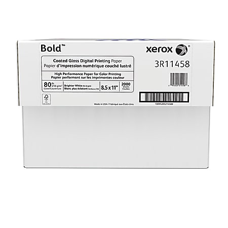 Xerox® Bold Digital™ Coated Gloss Printing Paper, Letter Size (8 1/2" x 11"), 94 (U.S.) Brightness, 80 Lb Cover (210 gsm), FSC® Certified, 250 Sheets Per Ream, Case Of 8 Reams