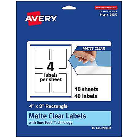 Avery® Permanent Labels With Sure Feed®, 94252-CMF10, Rectangle, 4" x 3", Matte Clear, Pack Of 40