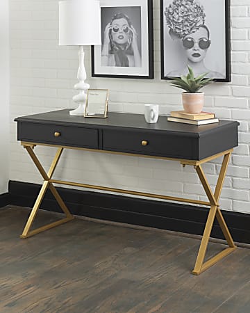 Linon campaign blue desk with gold matte legs outlet