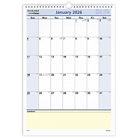 AT-A-GLANCE® QuickNotes® 2026 Monthly Desk Wall Calendar, Medium, 12" x 17"