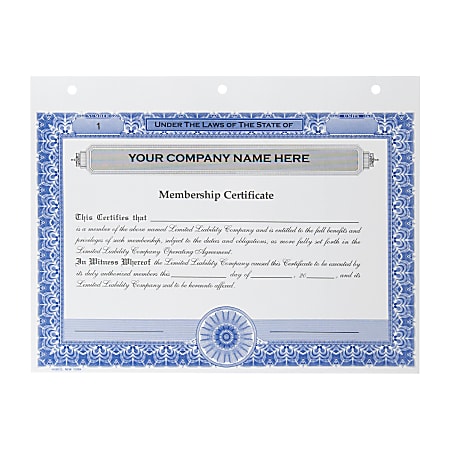 Custom LLC Membership Certificates, 3-Hole Punched, 8-1/2" x 11", Blue, Pack Of 20 Certificates