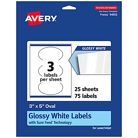 Avery® Glossy Permanent Labels With Sure Feed®, 94052-WGP25, Oval, 3" x 5", White, Pack Of 75