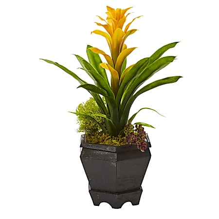 Nearly Natural Bromeliad 16-1/2”H Artificial Plant With Hexagon Planter, 16-1/2”H x 12”W x 12”D, Yellow/Black