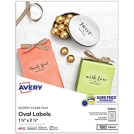 Avery® Print-to-the-Edge Labels With Sure Feed® Technology, 22854, Oval, 1.5" x 2.5", Glossy Crystal Clear, Pack Of 180 Customizable Labels