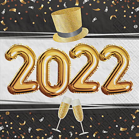 Amscan 712905 New Year Pop Clink Cheers 2022 Lunch Napkins, 6-1/2" x 6-1/2", Gold, Pack Of 100 Napkins