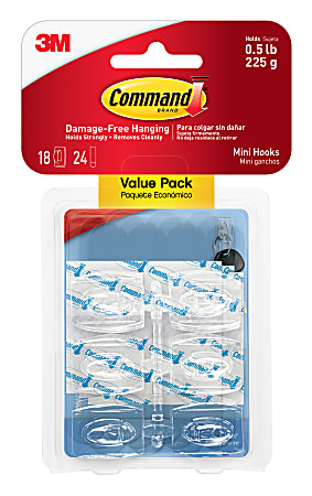 Command Mini Wall Hooks, 18-Command Hooks, 24-Command Strips, Damage-Free, Clear