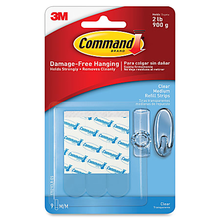 Command™ Clear Medium Refill Strips - 0.63" Width x 2.75" Length - Plastic - Residue-free, Stain Resistant - 9 Strips/Pack - Clear