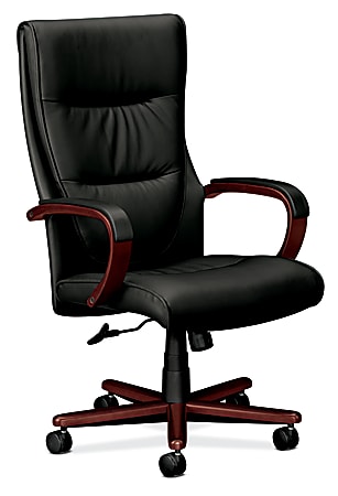 Basyx™ VL844 High-Back Wood SofThread™ Leather Chair, 45 1/2"H x 27"W x 35"D, Black/Mahogany