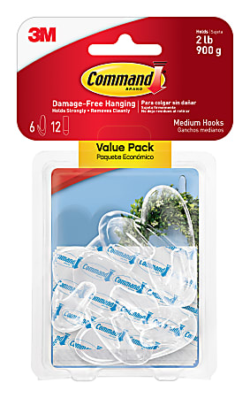 3M™ Command™ Removable Hooks, Medium, Clear, Pack Of 6