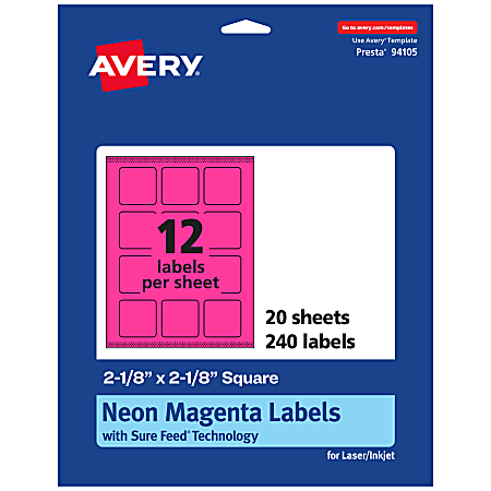 Avery® Print-To-The-Edge Labels With Sure Feed® Technology And Easy Peel®, 94105-NMP20, Square, 2-1/8" x 2-1/8", Matte Neon Magenta, Pack of 240