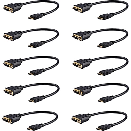 StarTech.com 8in (20cm) HDMI to DVI Adapter, DVI-D to HDMI (1920x1200p), 10 Pack, HDMI Male to DVI-D Female Cable, HDMI to DVI Cord, Black - 8in/20cm HDMI male to DVI-Digital (24-pin) female adapter; Full HD 1920x1200p 60Hz/1080p/Single link/24 Bpp
