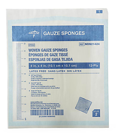 Medline Woven Sterile Gauze Sponges, 12-Ply, 4" x 4", White, Pack Of 1,200