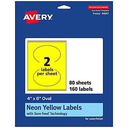 Avery® Print-To-The-Edge Labels With Sure Feed® Technology, 94057-NYP80, Oval, 4" x 6", Matte Neon Yellow, Pack of 160