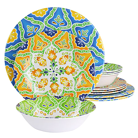 Elama Stapanya 12-Piece Melamine Dinnerware Set, Multicolor