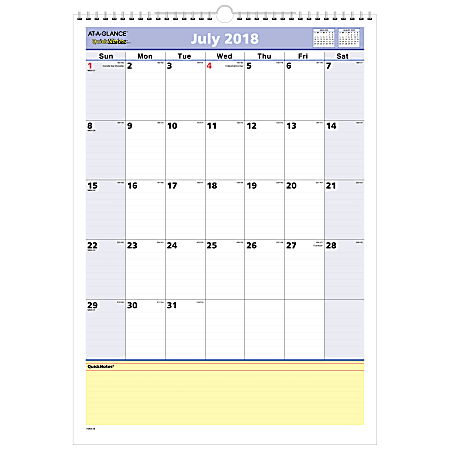AT-A-GLANCE® QuickNotes® Monthly Academic Wall Calendar, 12" x 17", 30% Recycled, July 2018 to July 2019