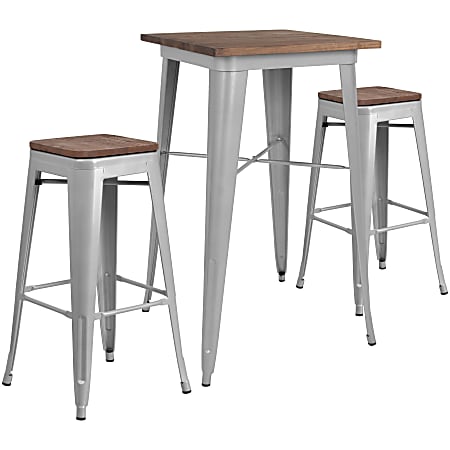 Flash Furniture Square Metal Bar Table Set With Wood Top And 2 Backless Stools, 42"H x 26"W x 26"D, Silver