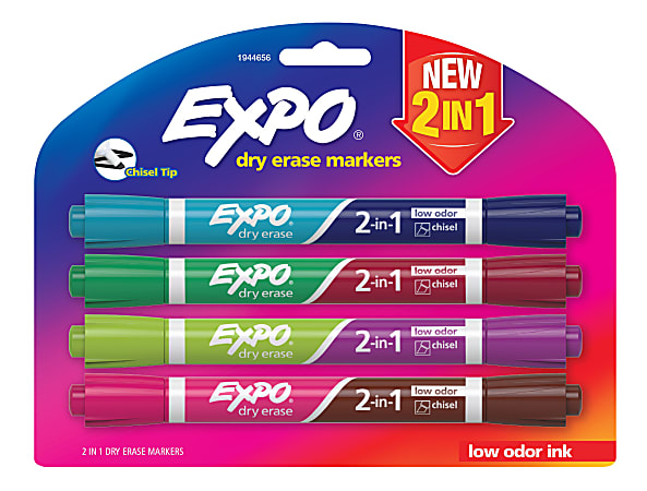 EXPO® 2-in-1 Double-Sided Dry Erase Markers, Chisel Point, Assorted Colors, Pack Of 4