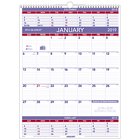 AT-A-GLANCE® 3-Month Monthly Wall Calendar, 22" x 29", January to December 2019