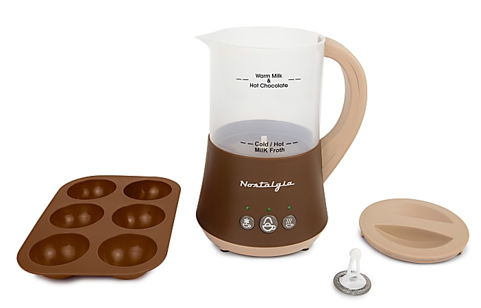 Nostalgia 32 Oz Frother and Hot Chocolate Maker, Warm or Cold Milk Foam,  Includes Cocoa Bomb Mold, for Coffees, Lattes, Cappuccinos, Brown