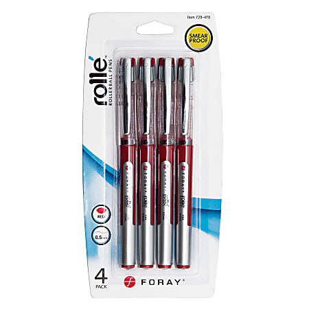 FORAY® Liquid Ink Rollerball Pens, Fine Point, 0.5 mm, Red Barrel, Red Ink, Pack Of 4