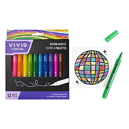 Vivid by Brea Reese Glitter Markers, Round Tip, Assorted Colors, Total Qty 12