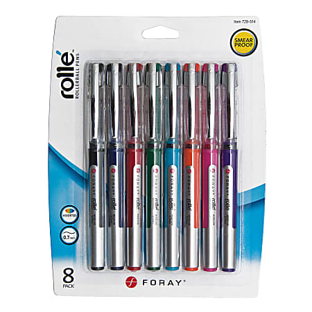 FORAY® Liquid Ink Rollerball Pens, Medium Point, 0.7 mm, Silver Barrel, Assorted Ink Colors, Pack Of 8